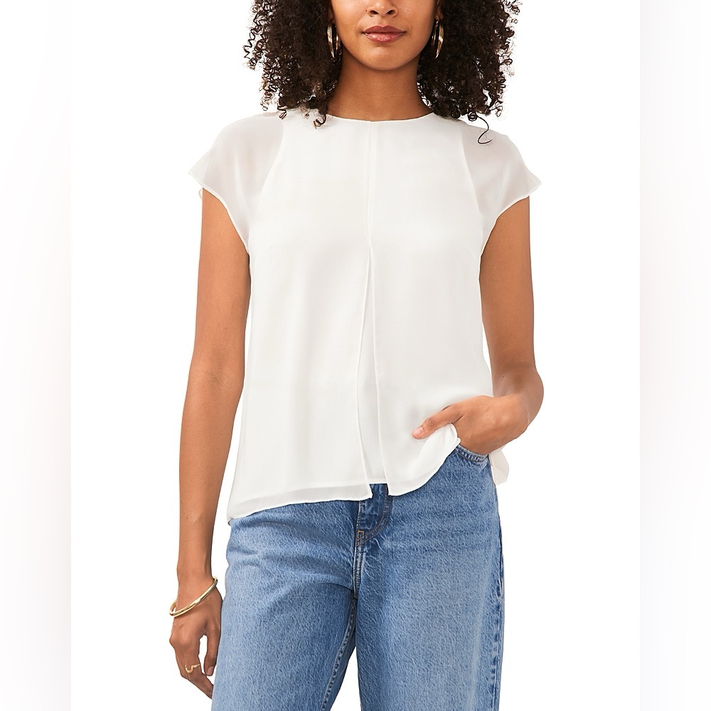 Vince Camuto Small Mesh Overlay Georgette Top New Ivory Cap Sleeve Flowey V-Neck
